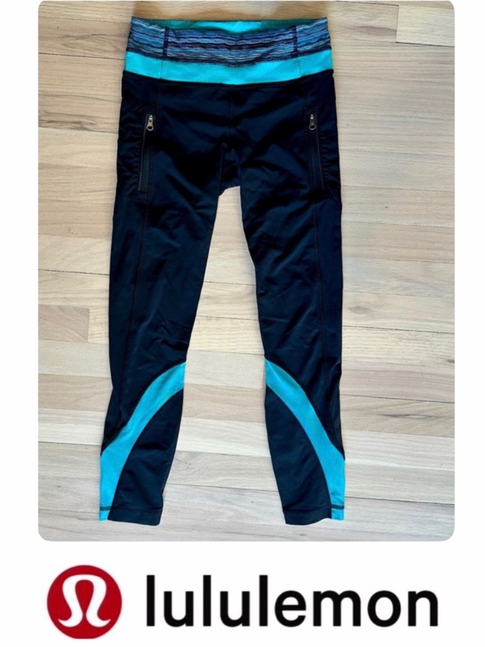 LULULEMON Black & Cyan Run Inspire Cropped Leggings With Mesh Inserts